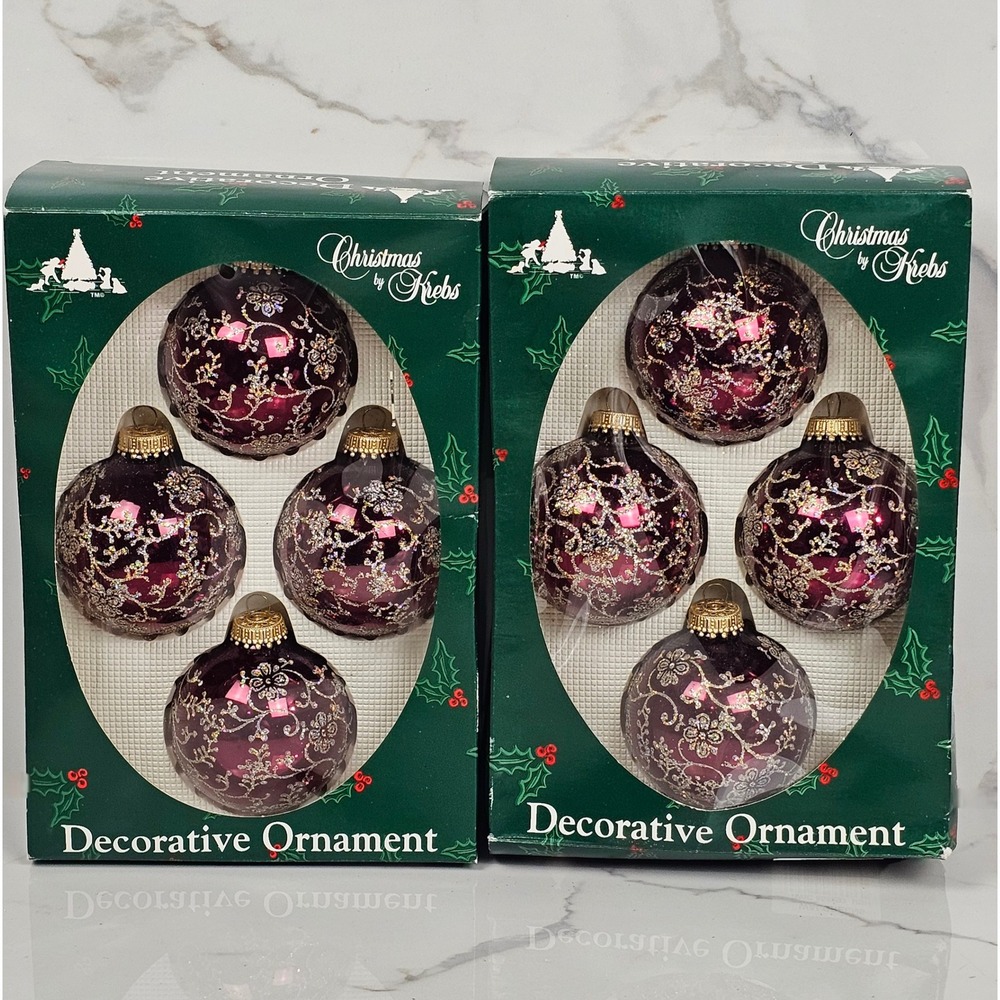 Christmas by Krebs Burgundy Glass Ornaments Silver Glitter Filigree Set of 8 USA